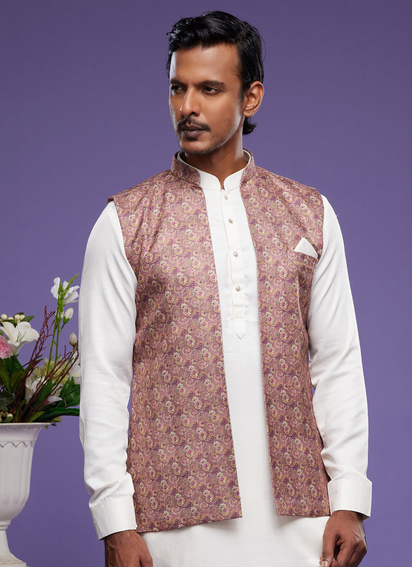 White Art Silk Mens Kurta Pajama With Jacket