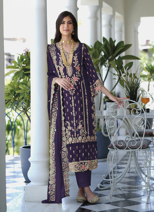 Purple Organza Embroidered Readymade Suit