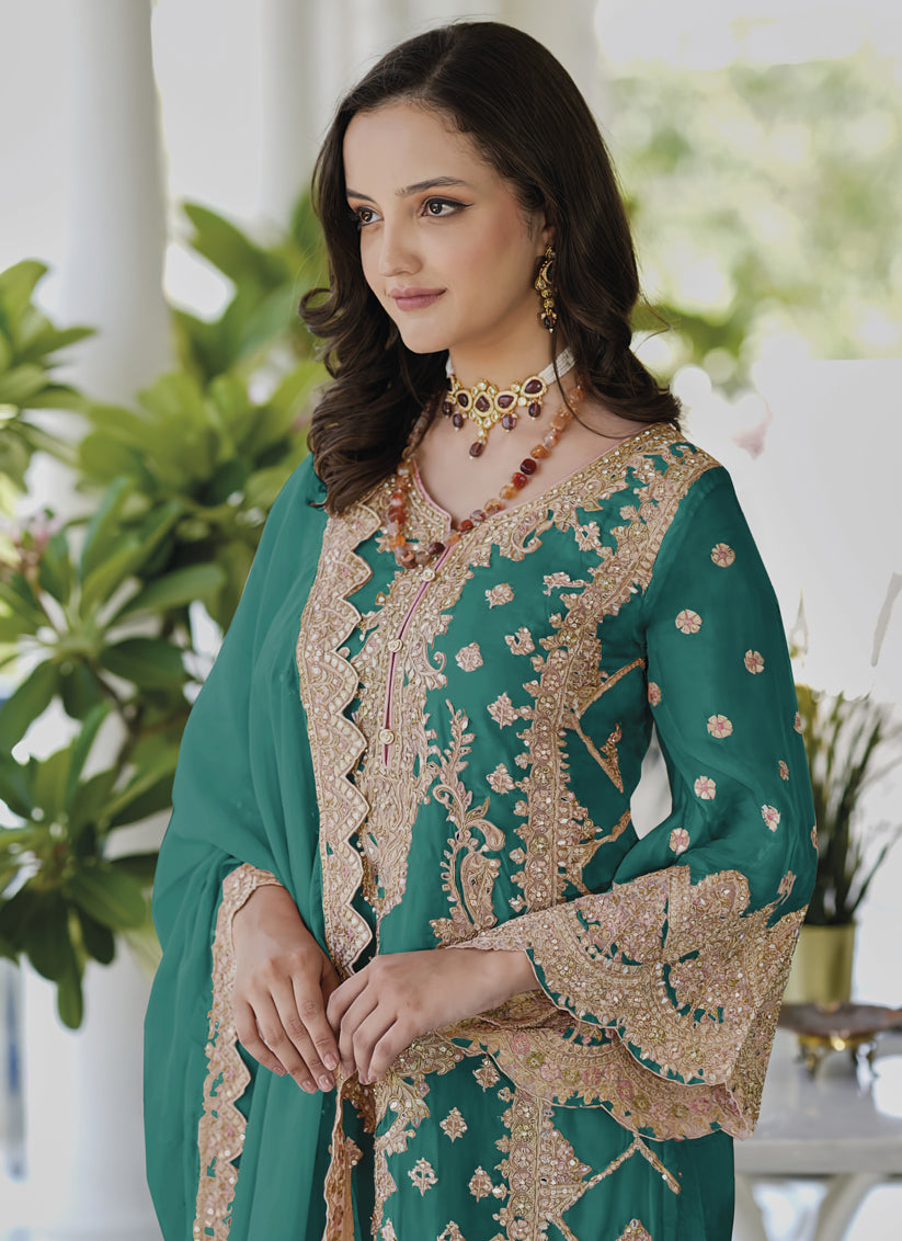 Rama Green Organza Embroidered Readymade Suit