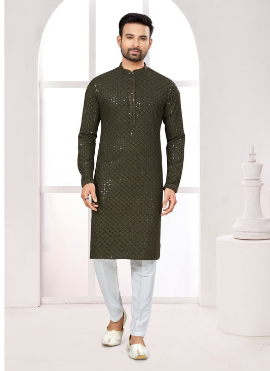 Bottle Green Lukhnowi Kurta Pyjama Set