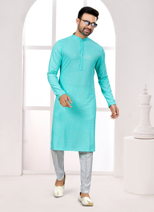 Sky Blue Lukhnowi Kurta Pyjama Set