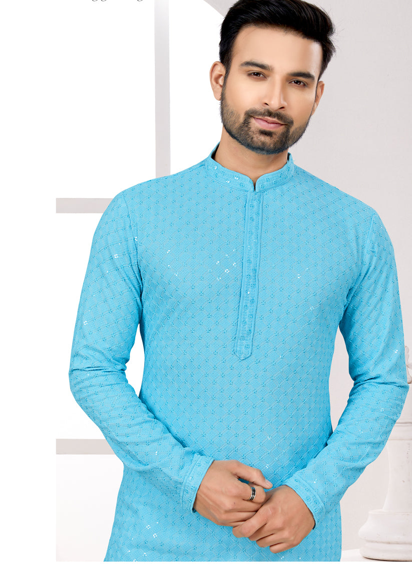 Sky Blue Lukhnowi Kurta Pyjama Set