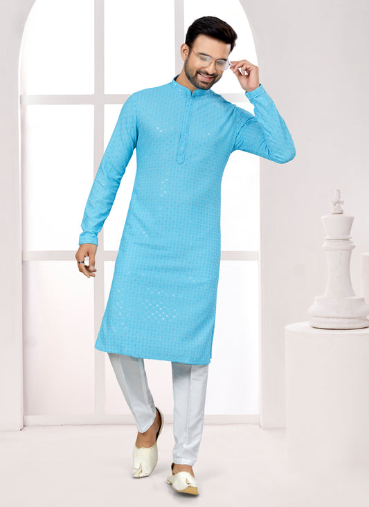 Sky Blue Lukhnowi Kurta Pyjama Set