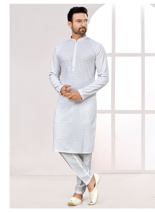White Lukhnowi Kurta Pyjama Set