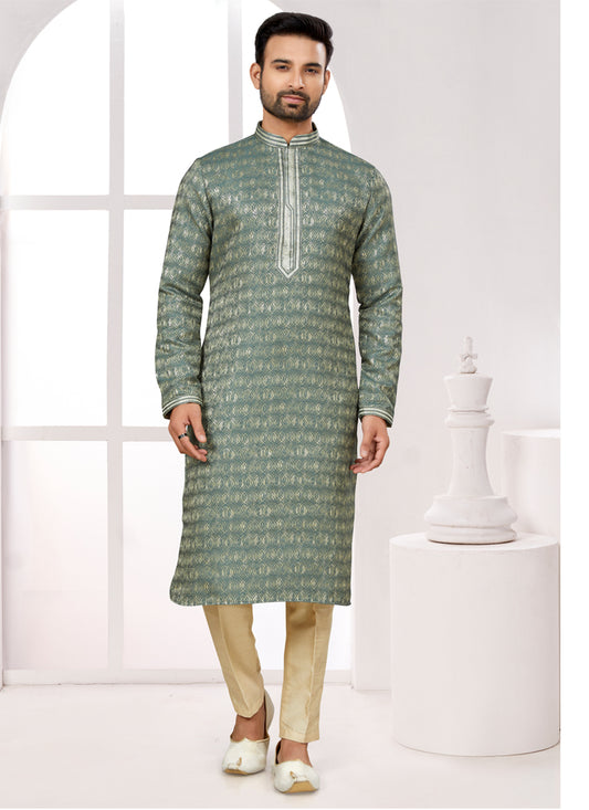 Duaty Green Zari Jacquard Kurta Pyjama Set