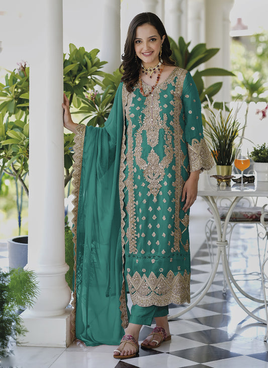 Rama Green Organza Embroidered Readymade Suit