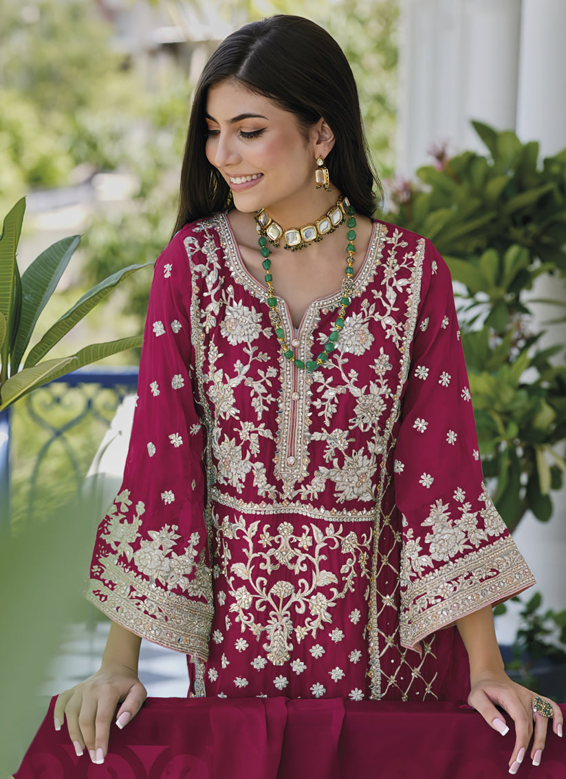 Fuchsia Organza Embroidered Readymade Suit