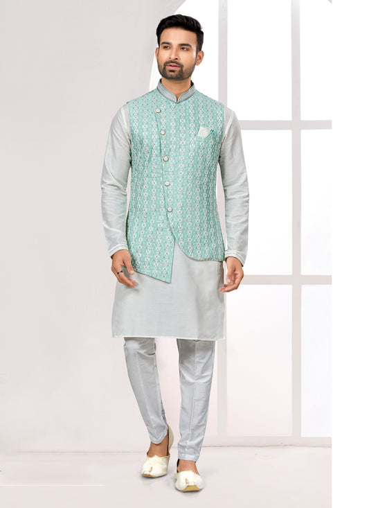 Off White Kurta Pyjama Set with Sea Green Jacket