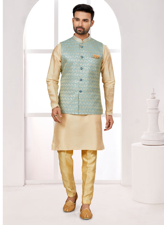 Beige Kurta Pyjama Set with Sea Green Jacket
