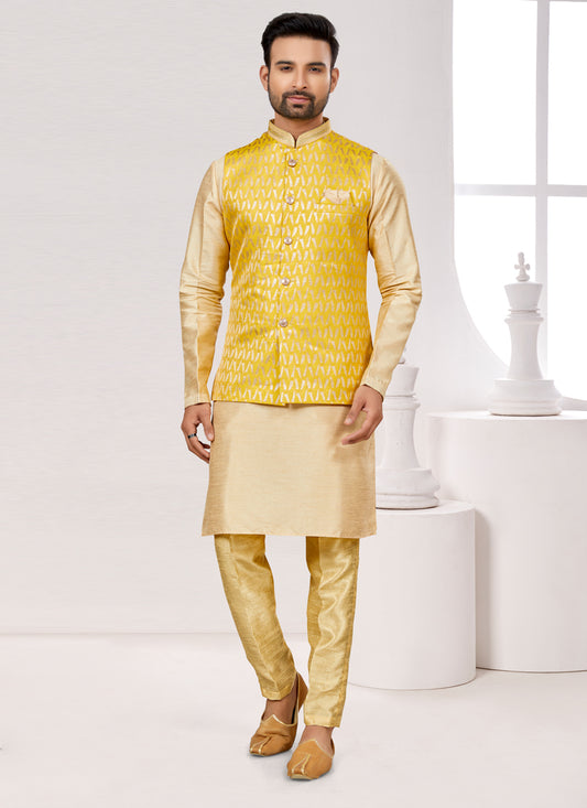 Beige Kurta Pyjama Set with Yellow Jacket