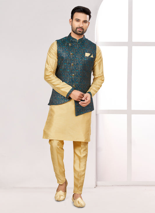 Beige Kurta Pyjama Set with Navy Blue Jacket