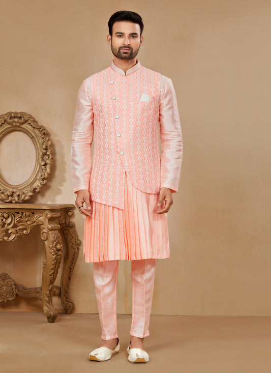 Peach Kurta Pyjama Set with Peach Jacket