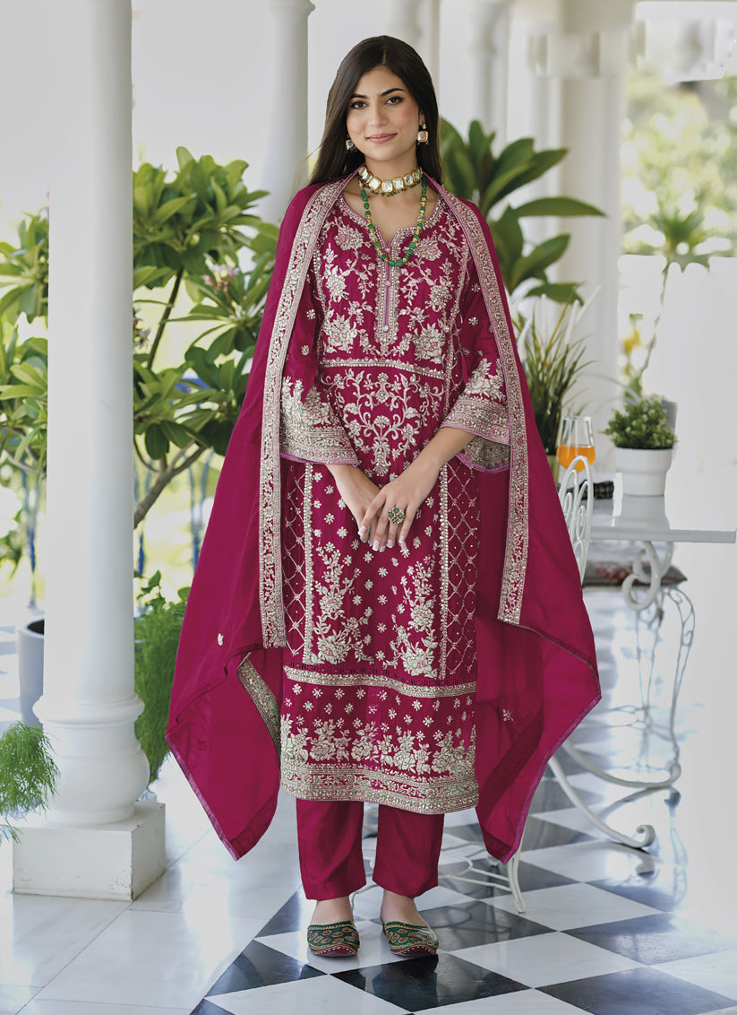 Fuchsia Organza Embroidered Readymade Suit