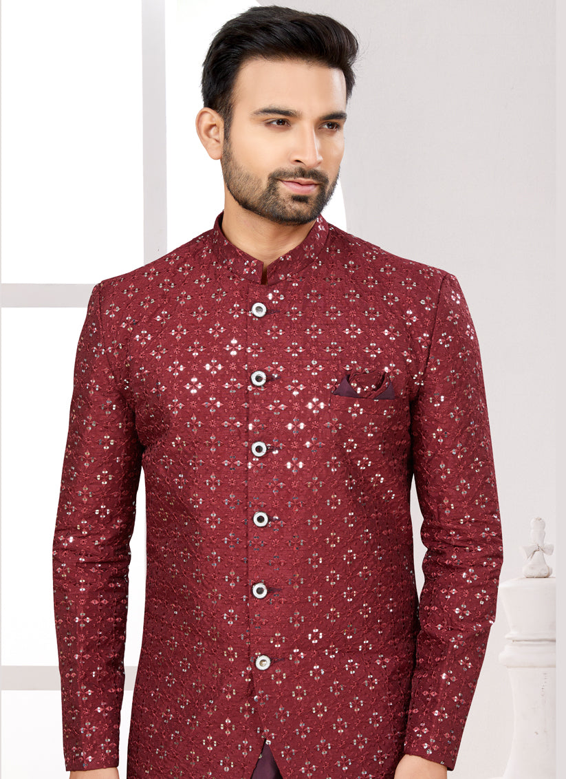 Maroon Silk Mens Indo Western Suit