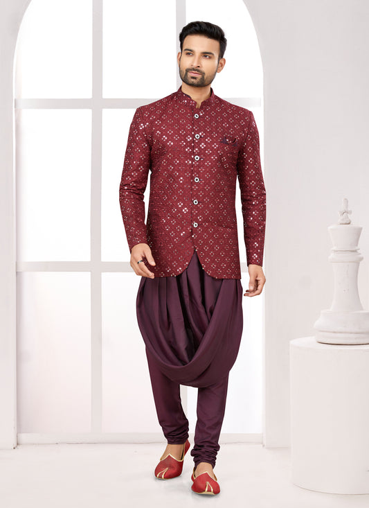 Maroon Silk Mens Indo Western Suit