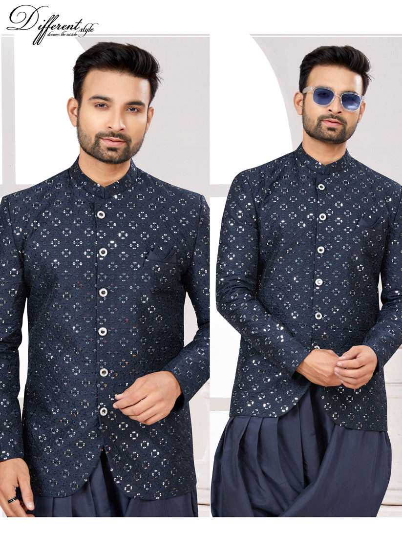 Navy Blue Silk Mens Indo Western Suit