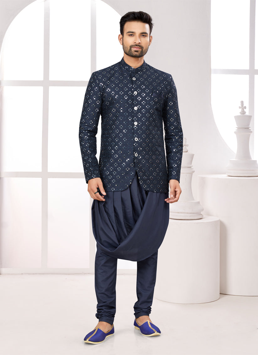 Navy Blue Silk Mens Indo Western Suit