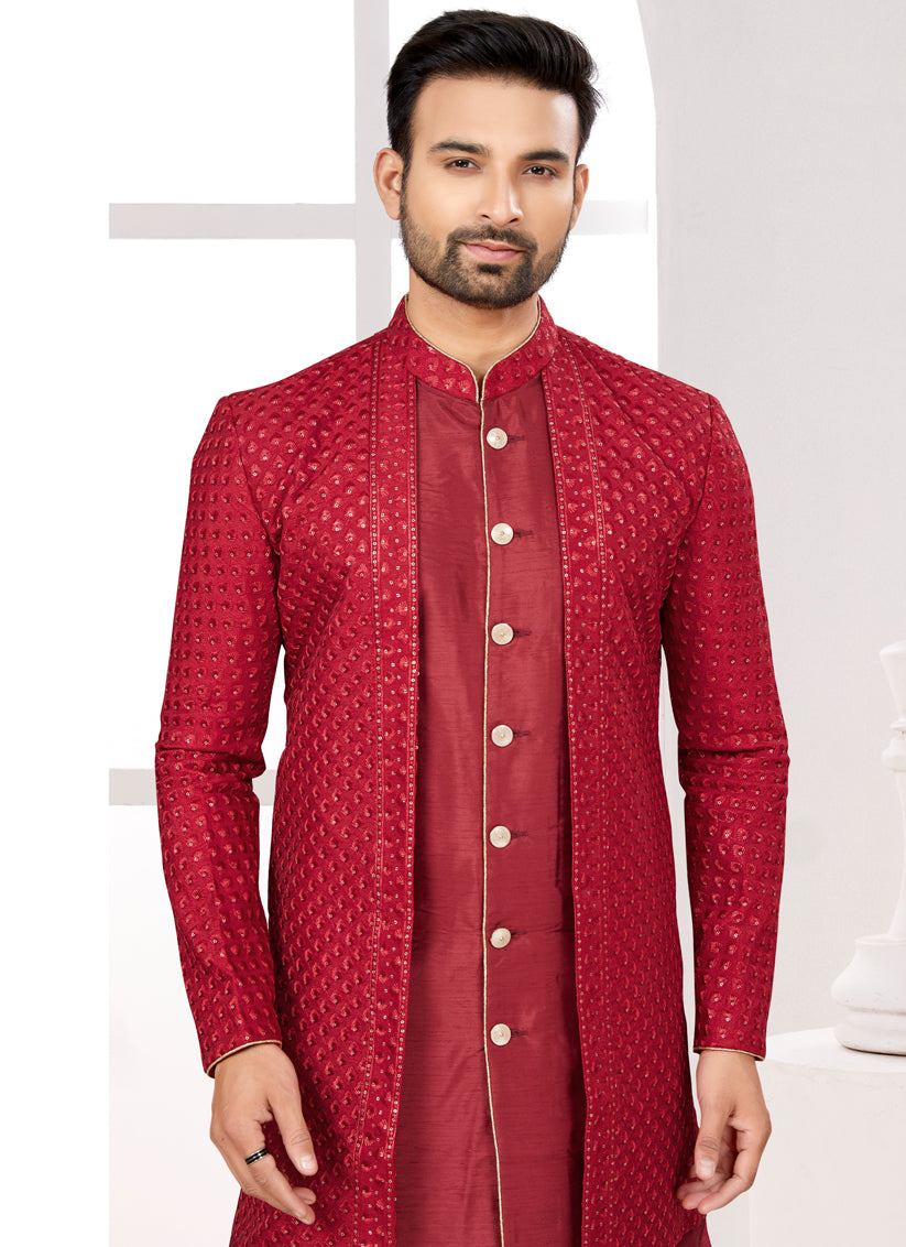 Maroon Silk Jacket Style Designer Sherwani