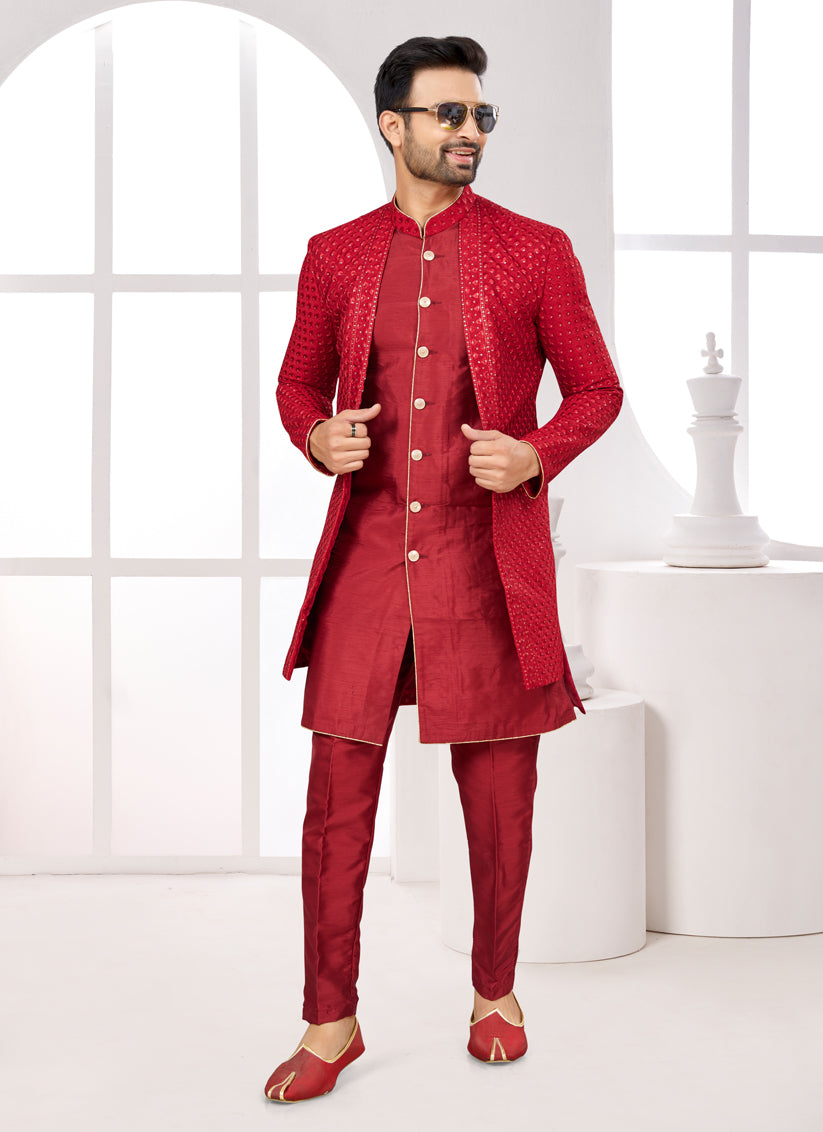 Maroon Silk Jacket Style Designer Sherwani