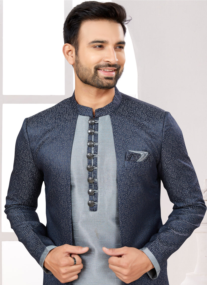 Grey Satin Jacquard Jacket Style Designer Sherwani