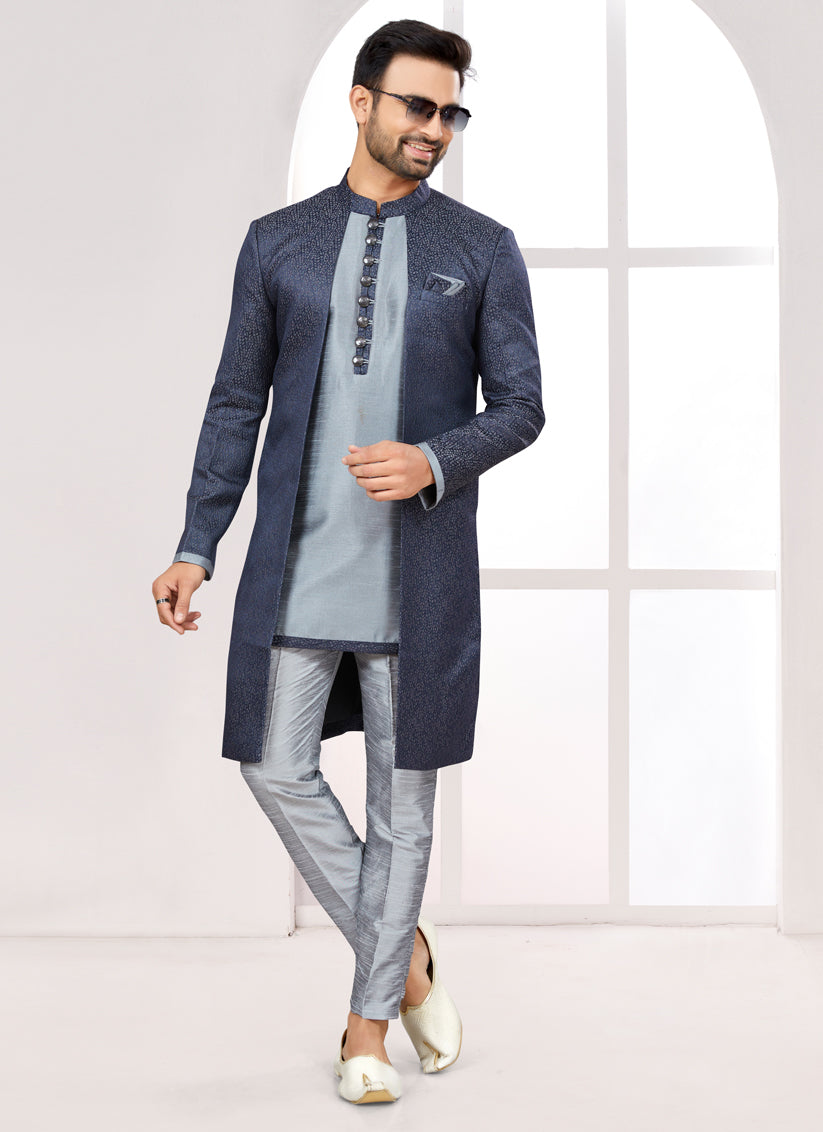 Grey Satin Jacquard Jacket Style Designer Sherwani