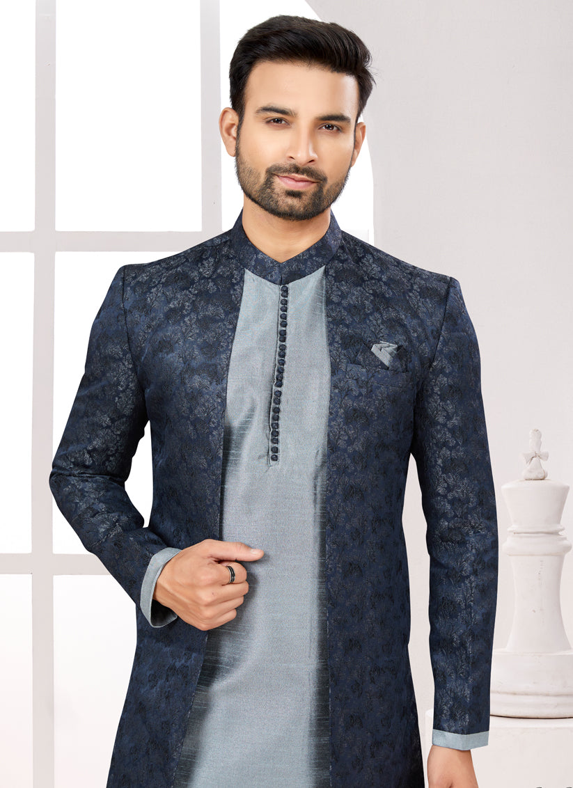 Grey Satin Jacquard Jacket Style Designer Sherwani