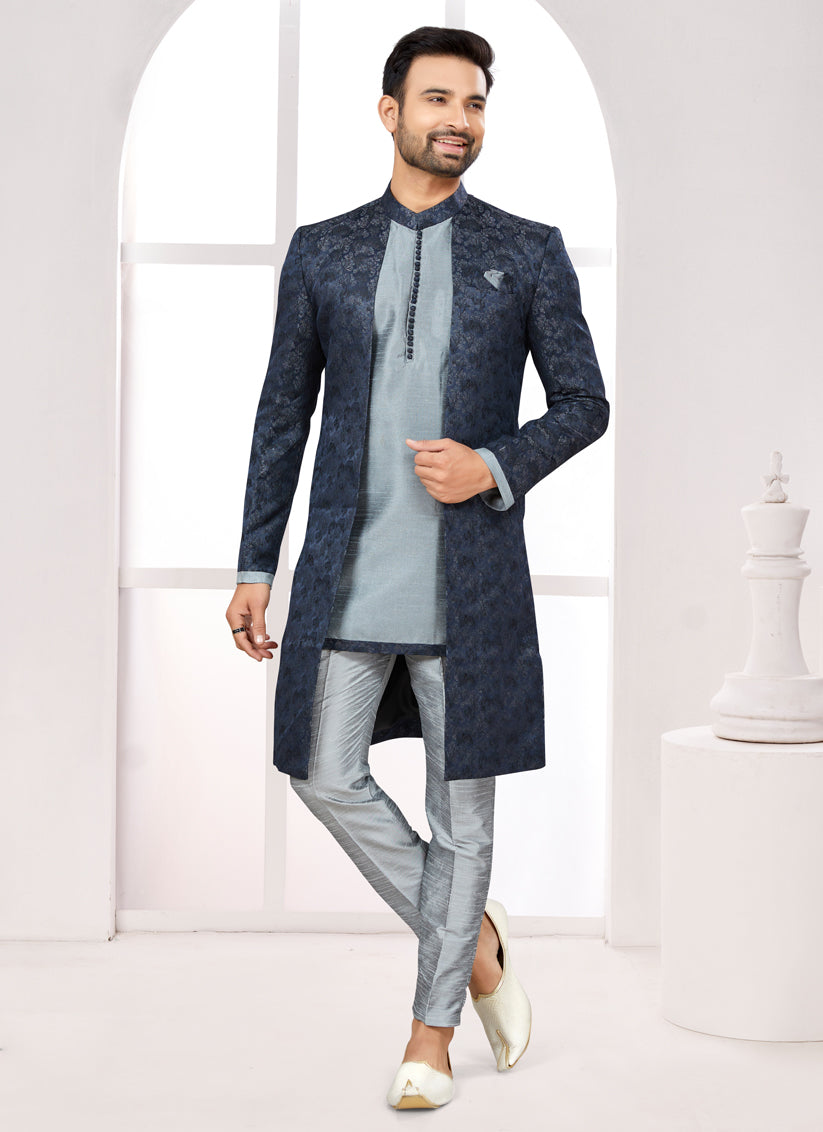 Grey Satin Jacquard Jacket Style Designer Sherwani