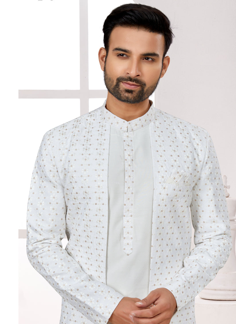 Off White Silk Jacket Style Designer Sherwani