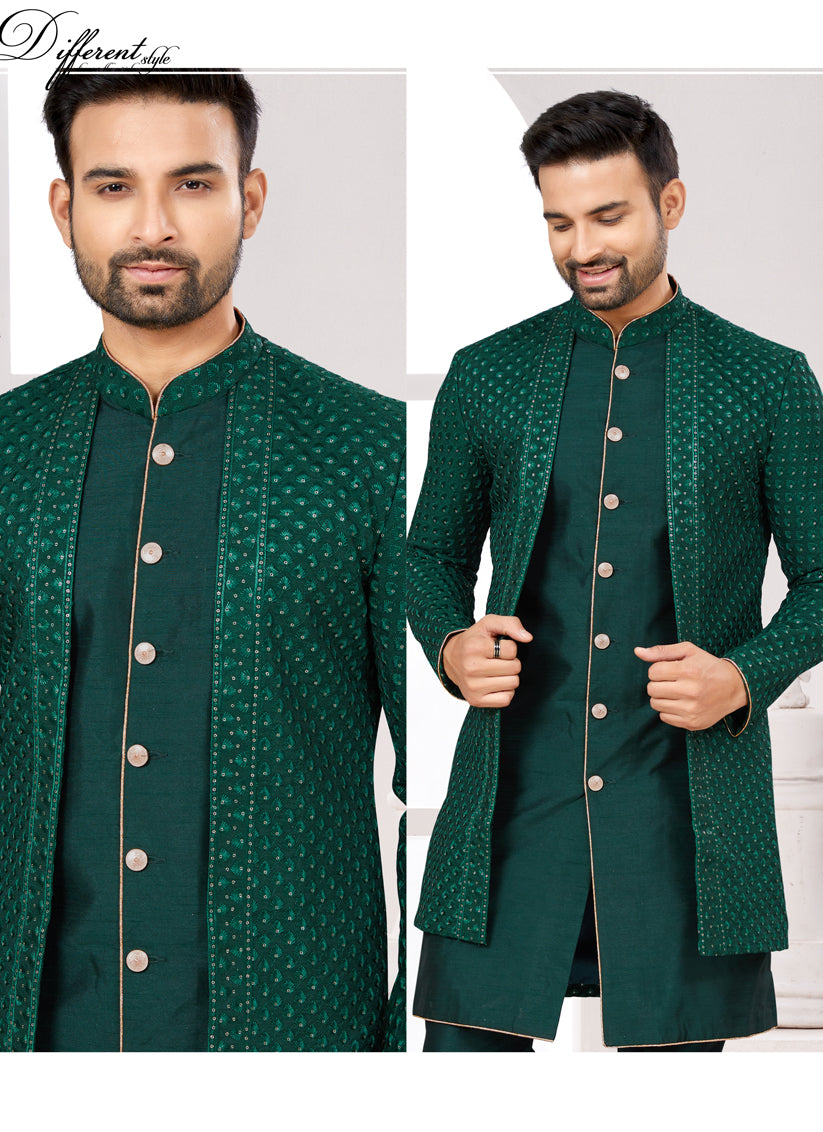 Green Silk Jacket Style Designer Sherwani