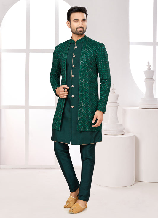 Green Silk Jacket Style Designer Sherwani
