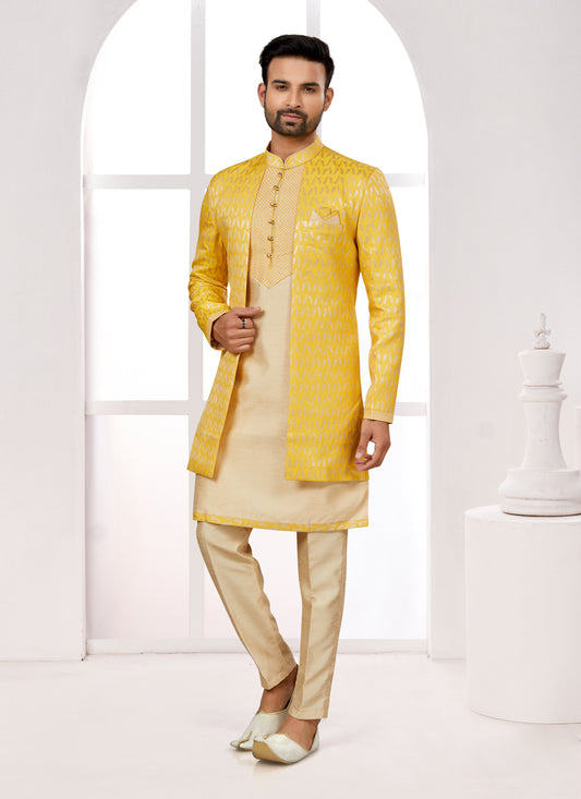 Beige Silk Jacket Style Designer Sherwani
