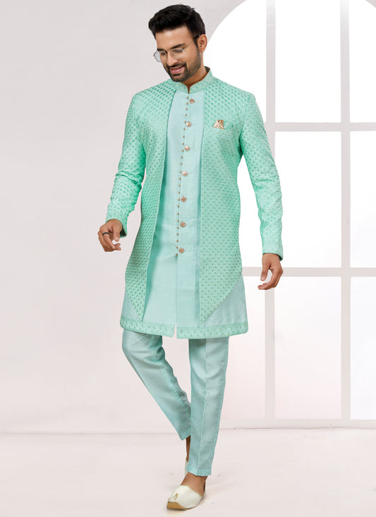 Sea Green Silk Jacket Style Designer Sherwani