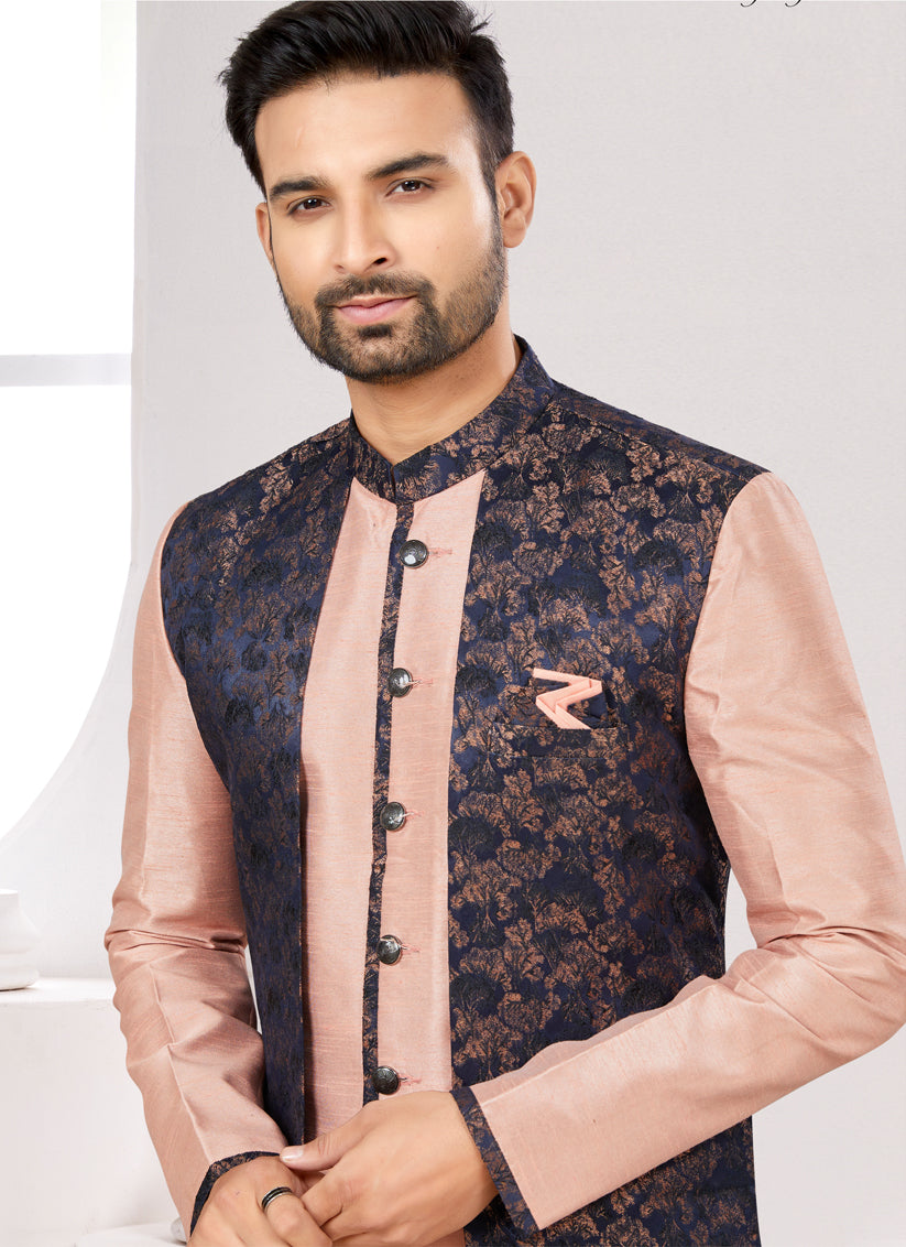 Peach Satin Jacquard Jacket Style Designer Sherwani