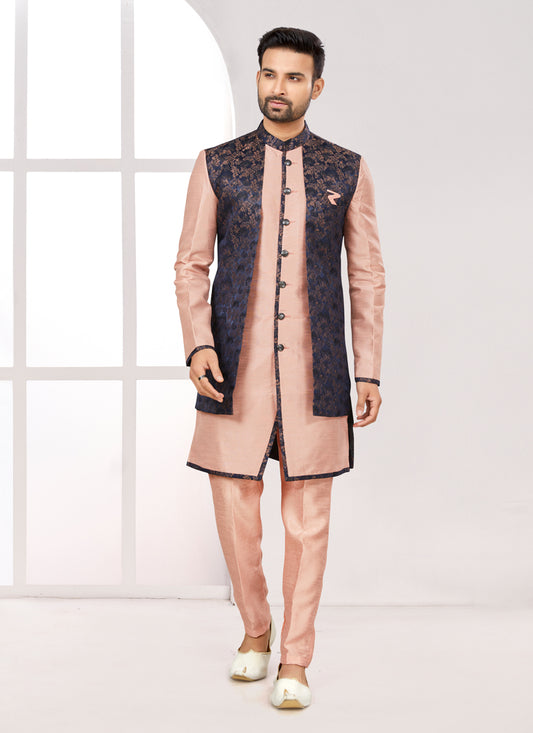 Peach Satin Jacquard Jacket Style Designer Sherwani