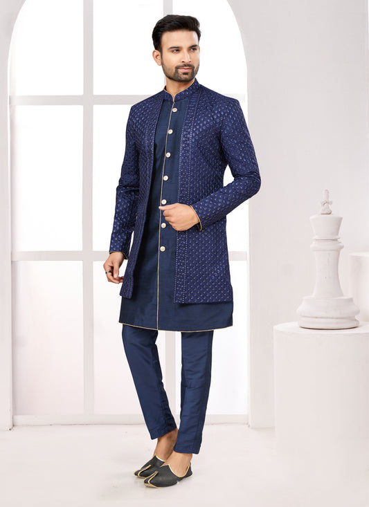 Navy Blue Silk Jacket Style Designer Sherwani