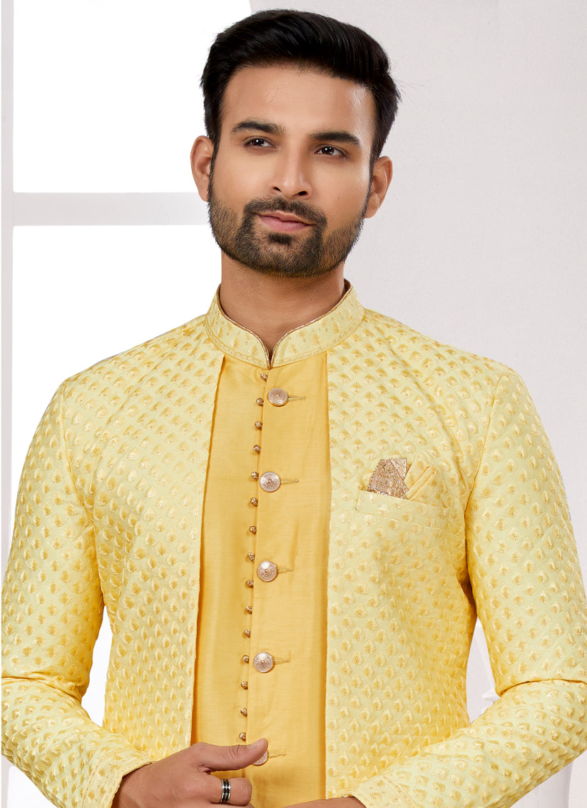 Yellow Silk Jacket Style Designer Sherwani