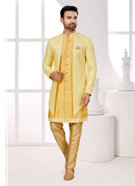 Yellow Silk Jacket Style Designer Sherwani