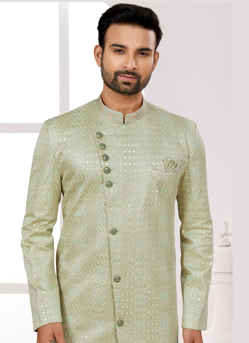 Pista Green Silk Achkan Style Designer Sherwani