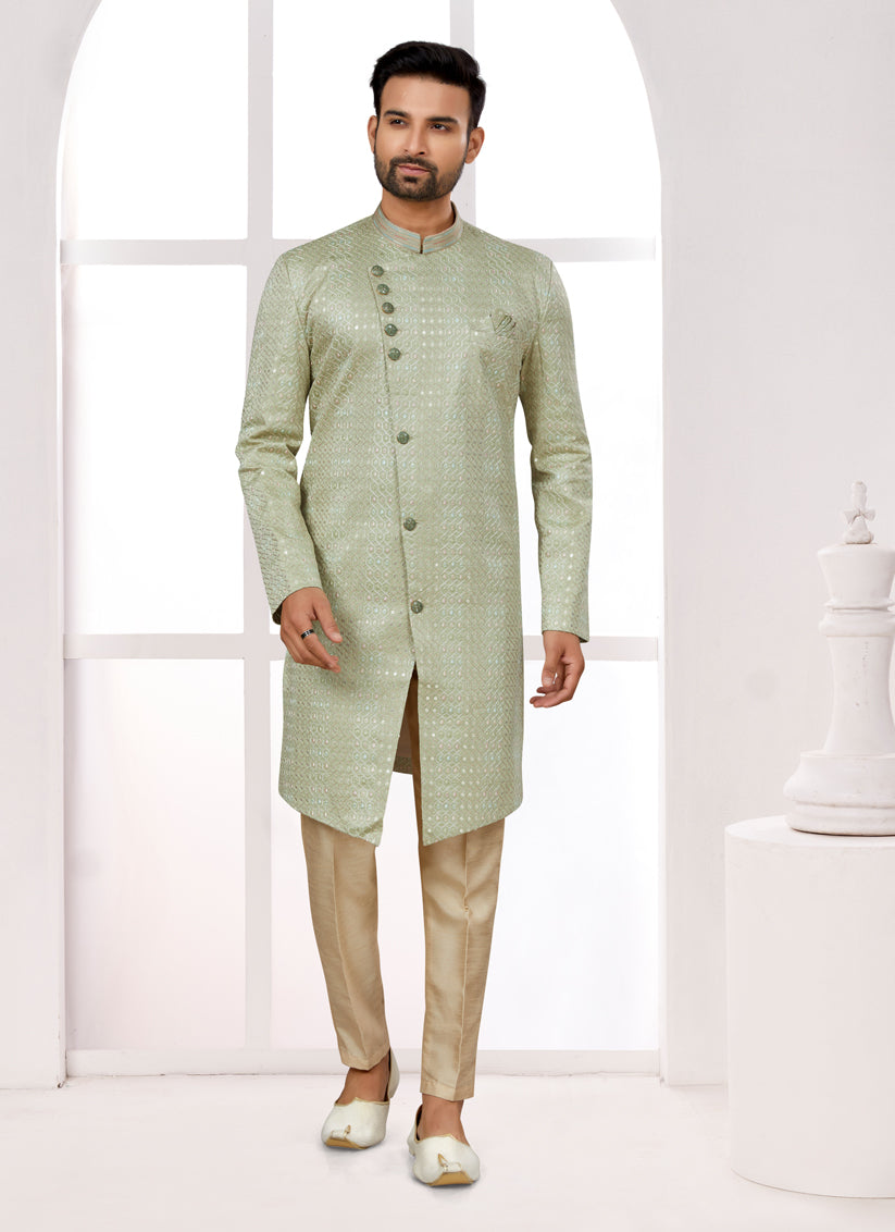 Pista Green Silk Achkan Style Designer Sherwani