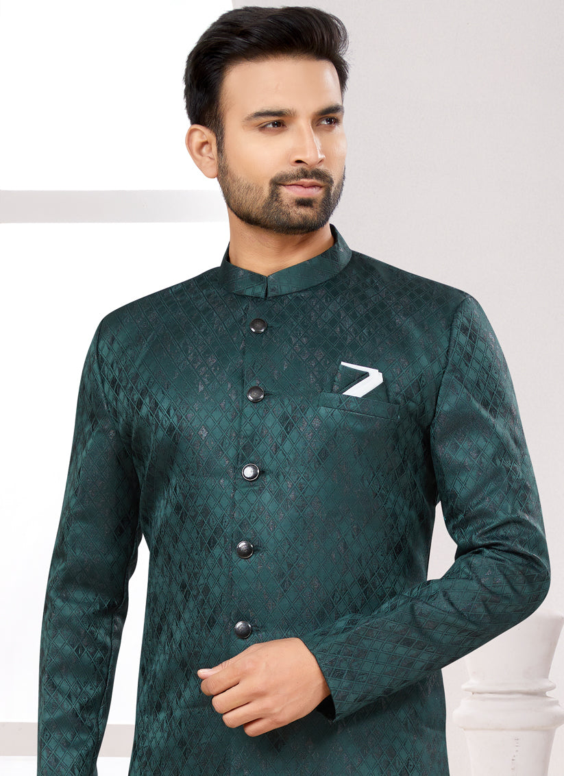 Teal Satin Jacquard Achkan Style Designer Sherwani