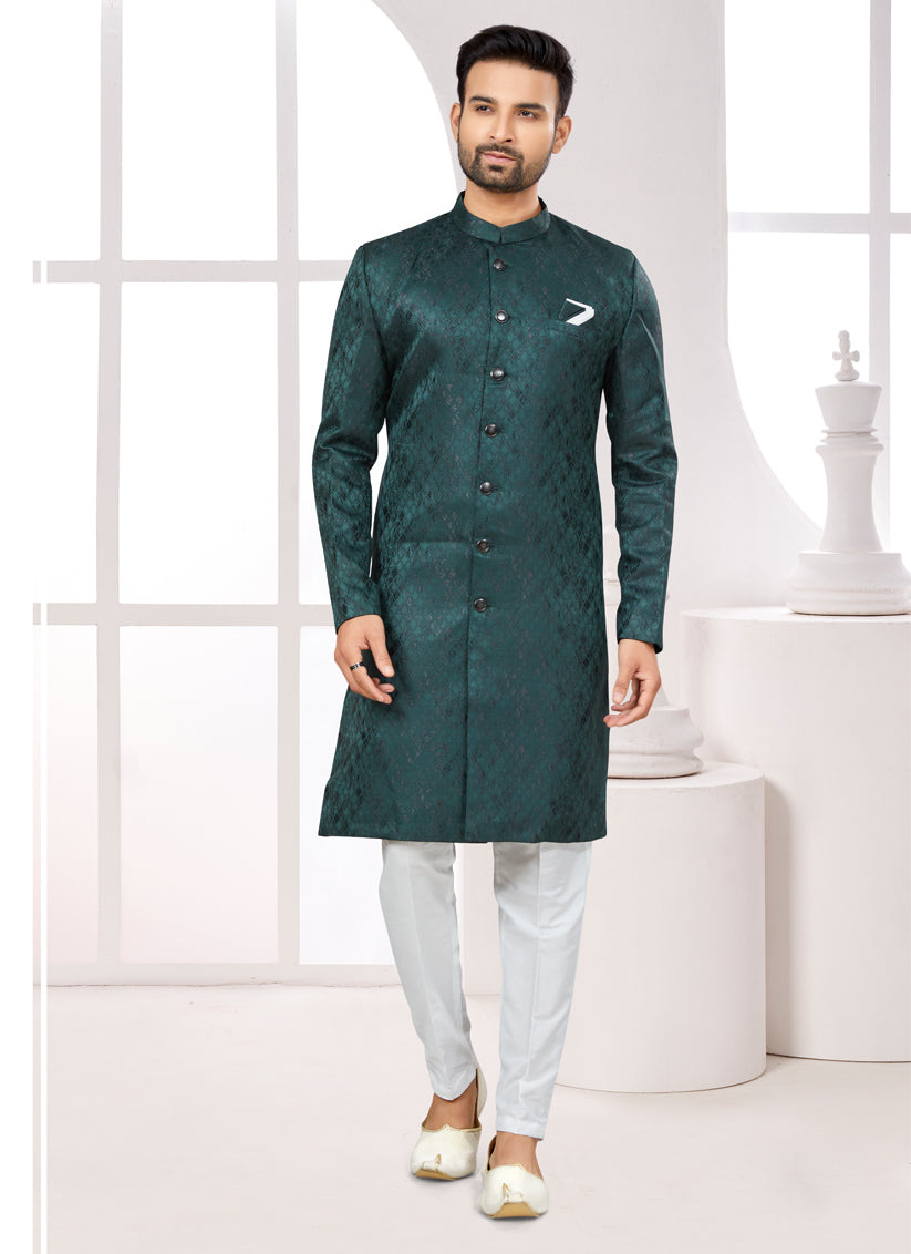 Teal Satin Jacquard Achkan Style Designer Sherwani