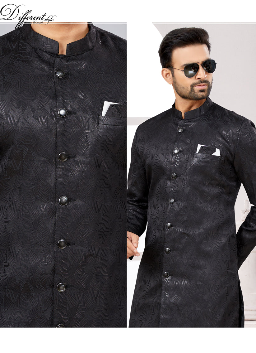 Black Satin Jacquard Achkan Style Designer Sherwani