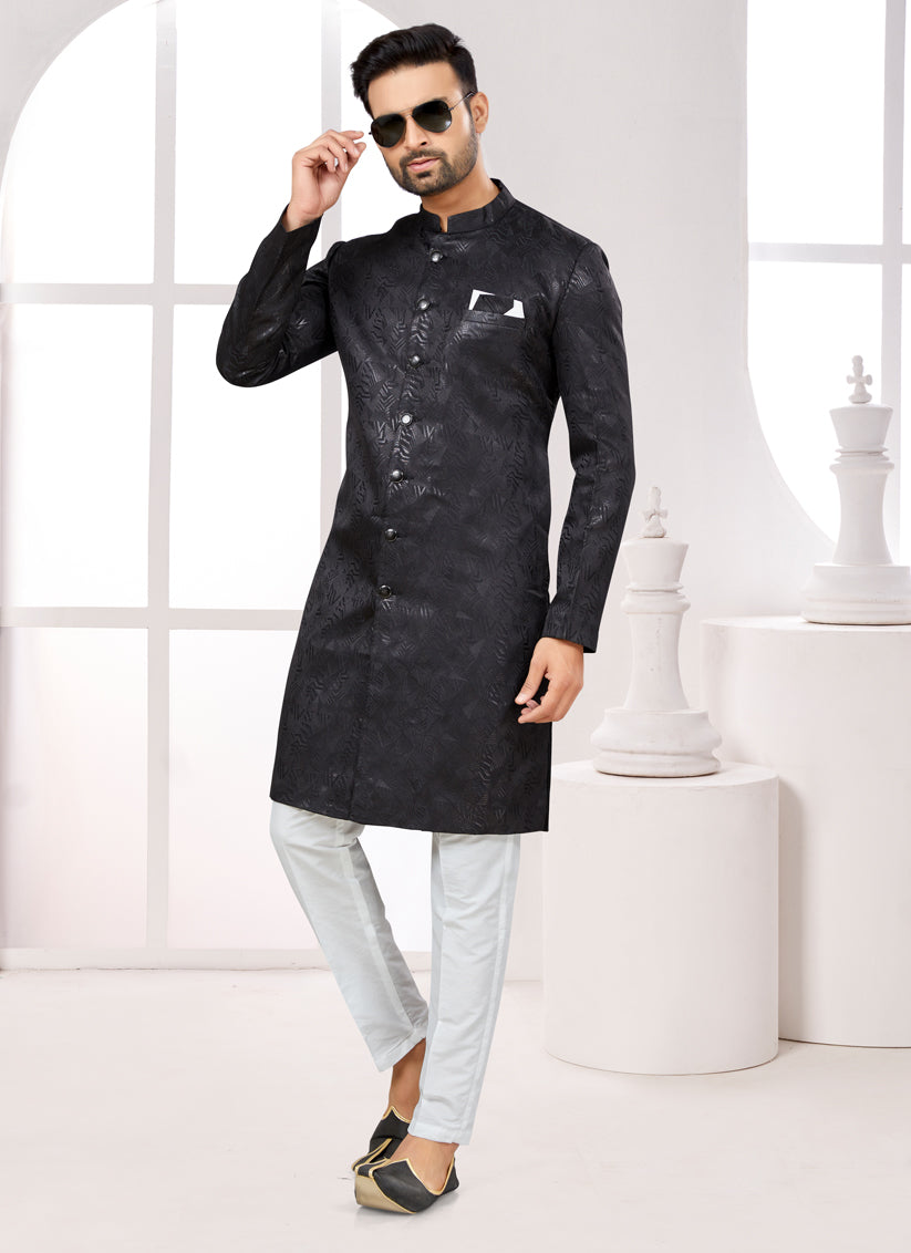 Black Satin Jacquard Achkan Style Designer Sherwani