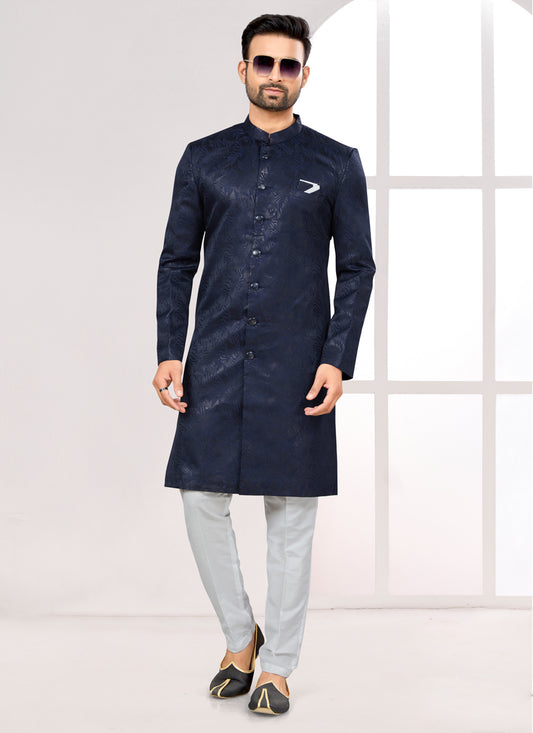 Navy Blue Satin Jacquard Achkan Style Designer Sherwani