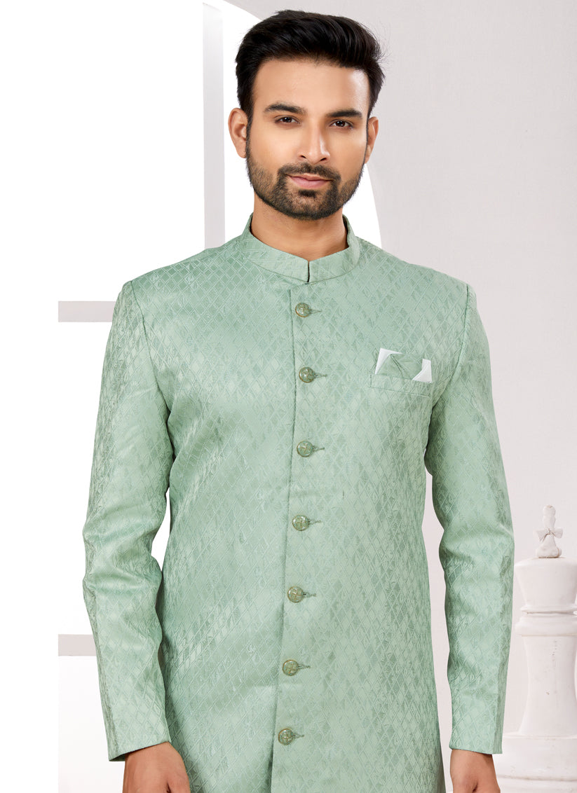 Sea Green Satin Jacquard Achkan Style Designer Sherwani