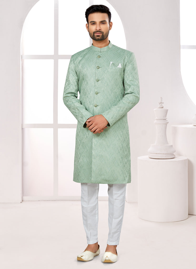 Sea Green Satin Jacquard Achkan Style Designer Sherwani