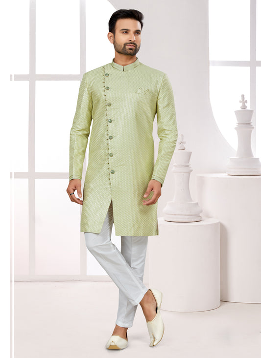Pista Green Silk Achkan Style Designer Sherwani