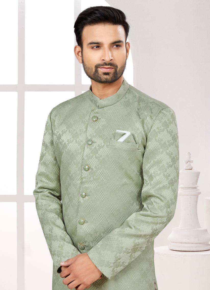 Pista Green Satin Jacquard Achkan Style Designer Sherwani