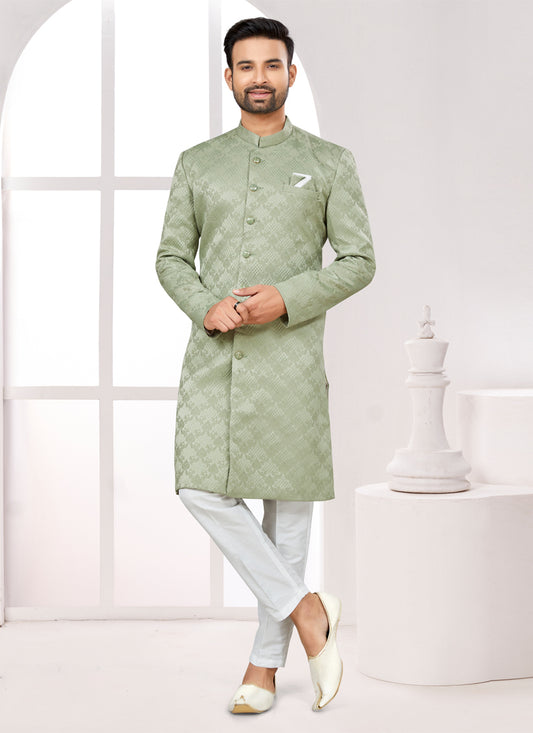 Pista Green Satin Jacquard Achkan Style Designer Sherwani