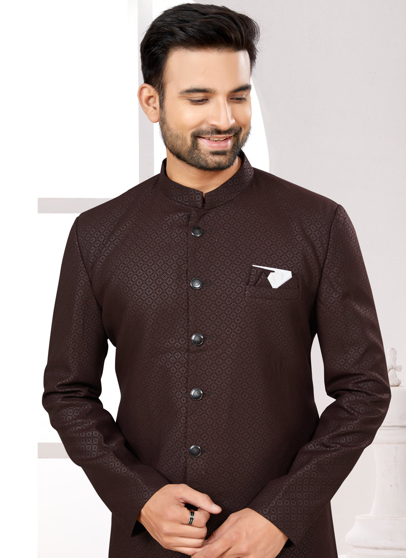 Wine Satin Jacquard Achkan Style Designer Sherwani